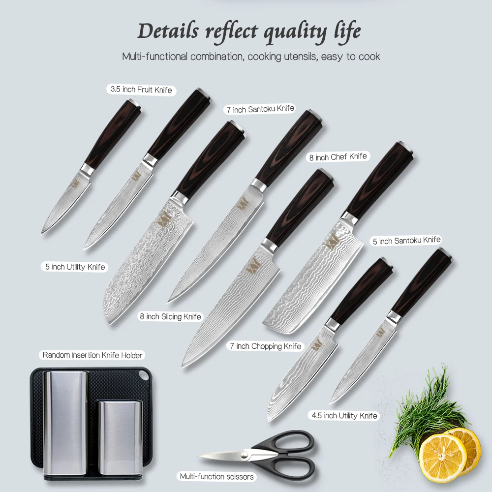 XYj Дамасская сталь набор кухонных ножей инструмент свободная крышка VG10 острое лезвие цвет деревянной ручкой кухонная принадлежность