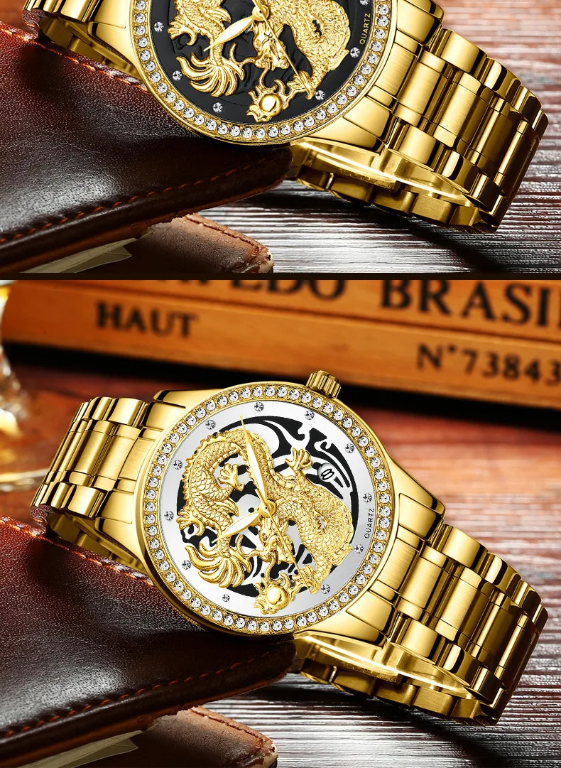 Новые роскошные часы из нержавеющей стали, водонепроницаемые мужские часы с золотым Драконом, кварцевые часы Wriswatch, повседневный браслет, лучший бренд, мужские роскошные часы