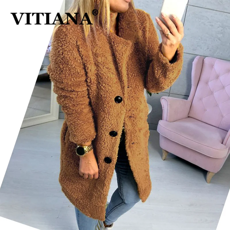 

VITIANA Women Faux Fur Long Coats Autumn Winter 2019 Female Long Sleeve Buttons Loose Warm Soft Outwear Ladies Camel Coat