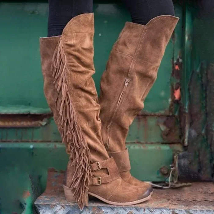 Puimentiua Women Shoes Fashion Tassel High Heels Knee High Boots Solid Flock Leather Slip-On Long Spring Autumn Boots