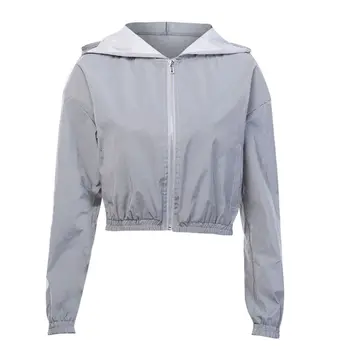 

2019 Autumn Women's Reflective Long Sleeve Hooded Zip-Up Youth Crop Tops Night Running Windbreak Short Coat Jacket