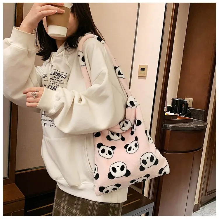 medium shoulder bag Women Lamb Like Fabric Shoulder Tote Bag Canvas Fluffy Fur Bear Handbags Large Capacity Soft Shopping Bags Girls Cute School Bag Shoulder Bags near me