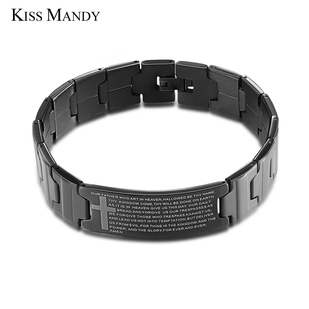 

KISS MANDY Black Color Cross Religious Bracelet with Bible Verses Men Stainless Steel Bracelet FB83