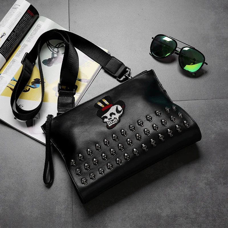 

Sheepskin Handbag Origional Design Rivet Skull Necklace Clutch New Style Men's Bag Men's LADY'S Clutch Bag Shoulder Bag