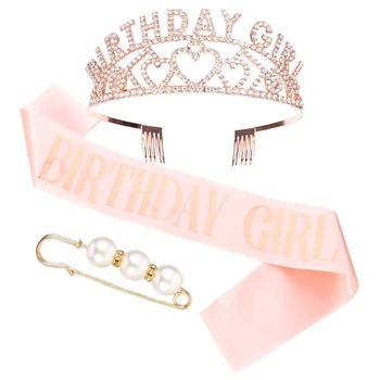 

Girl Birthday Crown Rhinestone Crown Headband Set Women Pink Crystal Tiara Strap Hairpin Birthday Gift Party Accessories