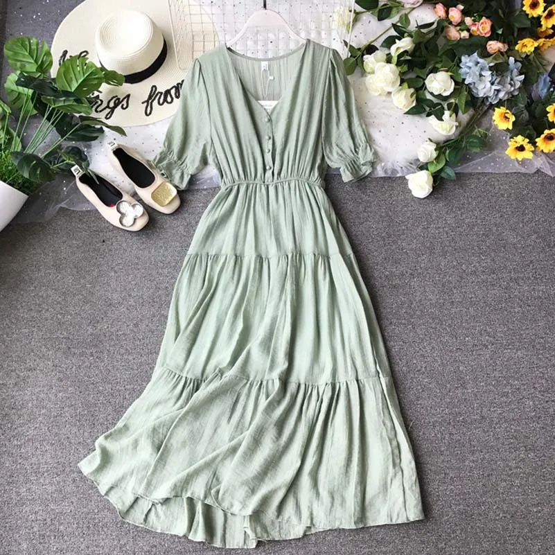 

Summer Casual Dresses Women Long Dress A-line Short Sleeve V-Neck High Waist Elegant Vintage Dress Robe Femme Verano Vestido