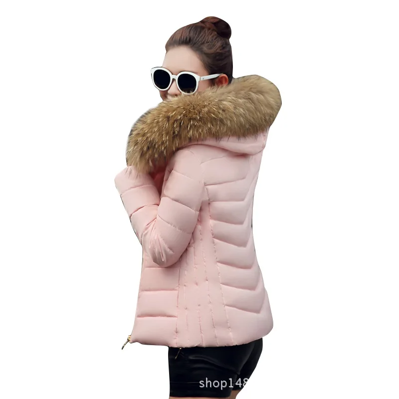 Зимний стиль, модный корейский стиль, большой меховой воротник, пуховик, женское короткое тонкое приталенное пальто больших размеров - Цвет: Розовый