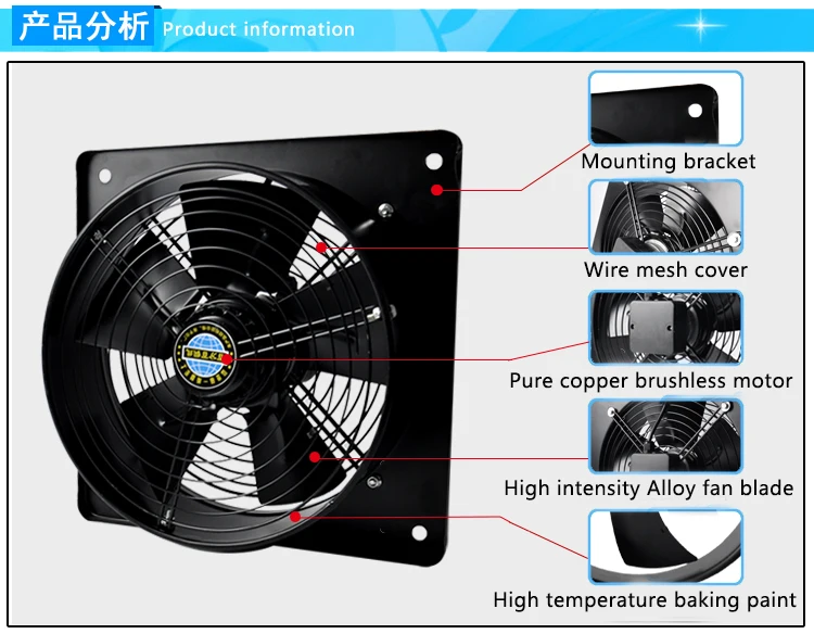 16in 220/380V 180/300W Square Outer Rotor Axial Fan Industrial fan Suitable for Workshops, Warehouses, etc
