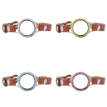 

5pcs/lot 25mm Different color crystals Glass Locket 23CM Brown Single Wrap PU Leather Bracelet Wristband With 50pcs Charms