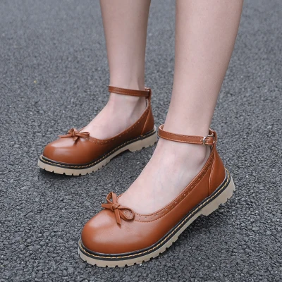 

Japanese vintage sweet lolita shoes round head one-word buckle college style women shoes bowknot kwaii shoes loli cosplay