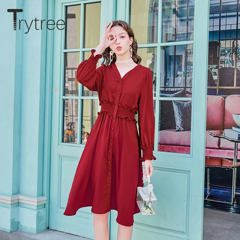 Trytree осеннее женское однотонное платье повседневное с v-образным вырезом и