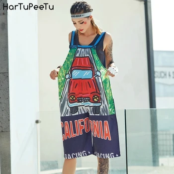 

Loose Plus Size Rompers Womens Jumpsuit Shorts Casual Childlike Car Print Summer Playsuit 2020 New Wide Leg Overalls Pants