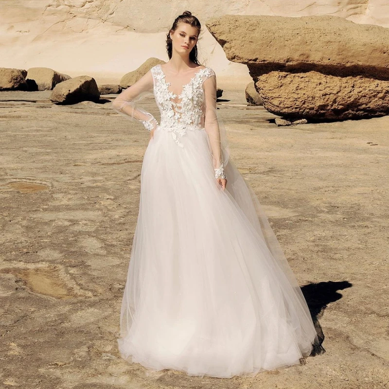 

Новое Очаровательное кружевное свадебное платье цвета слоновой кости с длинными рукавами иллюзионное свадебное платье с круглым вырезом и открытой спиной для невесты с аппликацией распродажа