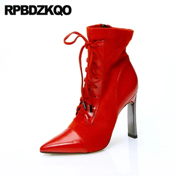 

women pointed toe high heel booties red chunky sexy patent leather extreme front lace up casual ankle boots autumn shoes fetish