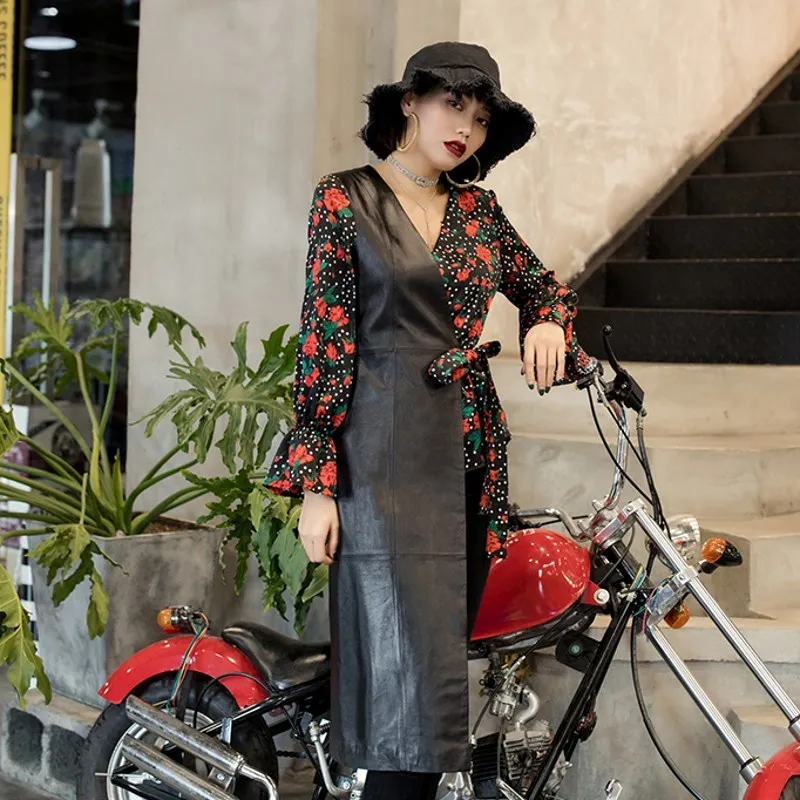 

New F Shirt Female Sashes Flower Printied Chiffon Real Natural Sheep Leather Spliced Sheepskin Women Long Sleeve