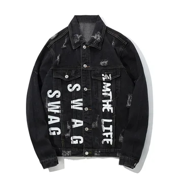 

Original Letter Print Hole Jeans Jacket Men Black Embroidery Loose Casual Streetwear Chaqueta Hombre Denim Coat Winter Jacket