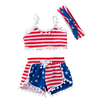 

Summer Kids Clothing 1-4Y Children Clothes Striped Sling Ruffle Crop Tops Pants Headband 3pcs Independence Day Girls Kids Outfit