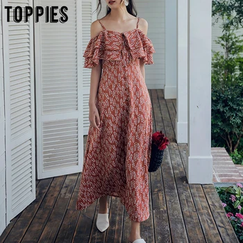 

2020 summer dress vacation beach long dress women floral printing slash neck camisoles ruffles sundress