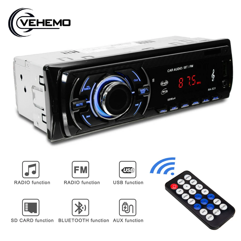 Bluetooth Авто Стерео Авторадио автомагнитолы 1 Din 12 В в-тире FM радио с пультом дистанционного управления Aux SD USB MP3 Аудио плееры для автомобиля