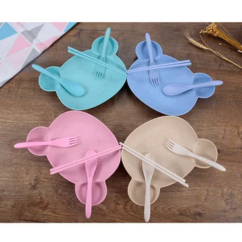 

Baby Plate 1Set Dishes Bear Shaped Food Grade Fork Cup Chicken Food Supplement Drop-resistant Children's Feeding Plate Tableware
