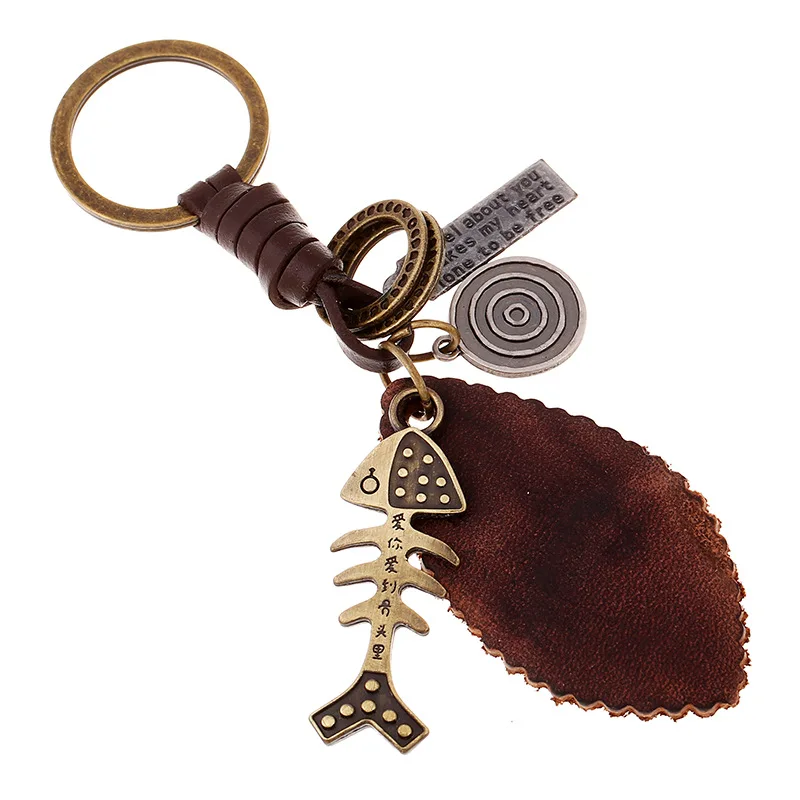 

Creative Keychain Men And Women Small Gifts Alloy Fish Bone Retro Weaving Cattle-leather Key Ring Genuine Leather Pendant