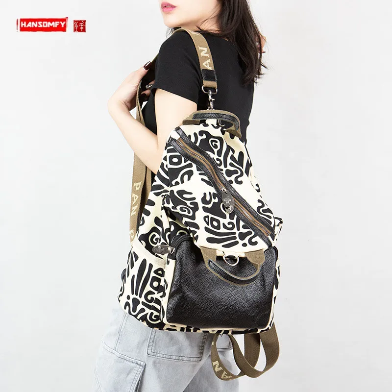 

2019 new fashion Women backpack female shoulder bag large capacity travel backpack Canvas with cowhide leather school backpacks