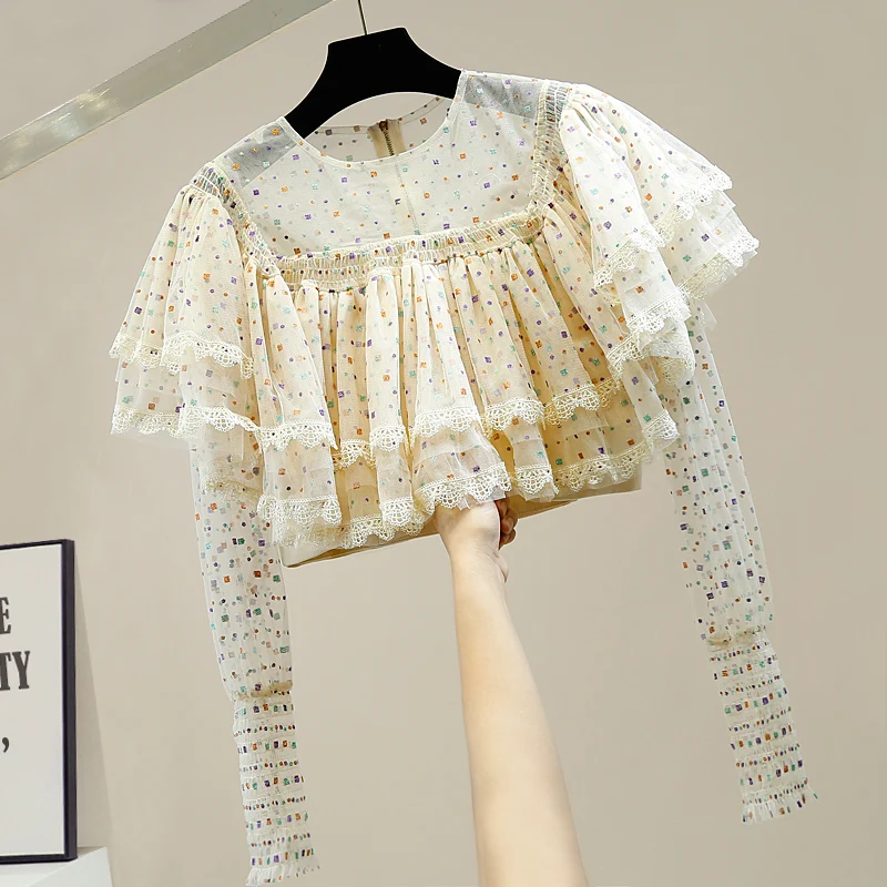 

Colorful Bronze Sequins Blouse Woman Fashion Lace Stitching Long-Sleeve Zipper Short Layer Lotus Leaf Mesh Shirt Crop Top Blusas