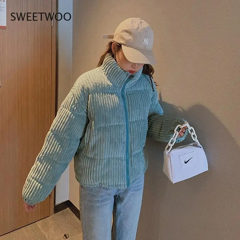 2021 New Winter Corduroy Short Jacket Women Korean Style Thick Zipper Cotton Parkas Woman Stand Collor Warm Outwear Coats Female