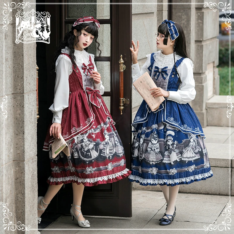 

Gothic college style sweet lolita dress vintage lace bowknot high waist printing victorian dress kawaii girl gothic lolita jsk