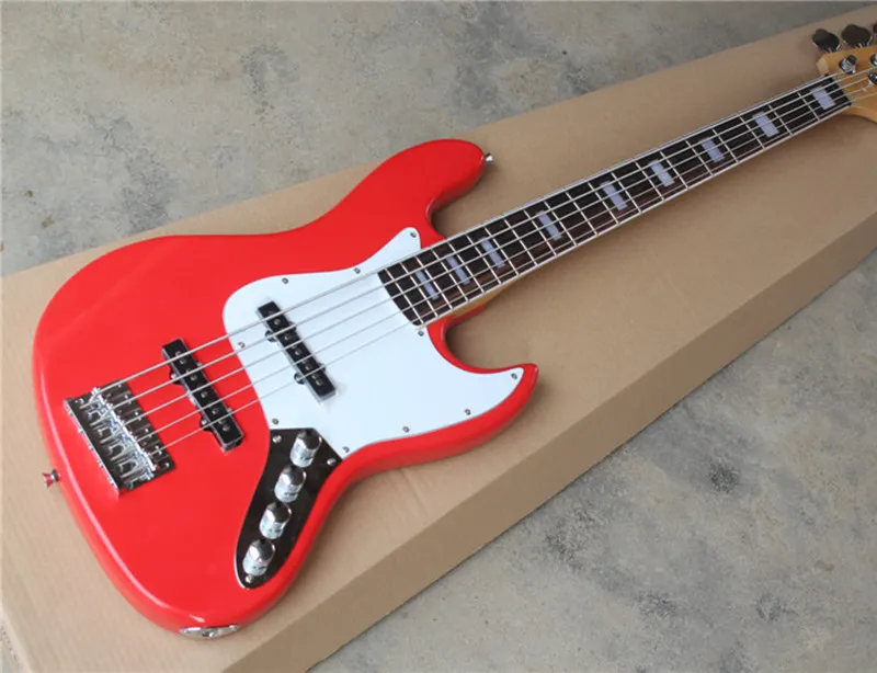 

5-String Bass Guitar,Active Circuit,Red Color Body with White Pickguard,Abalone Fret Marks Inlay and can be Customized