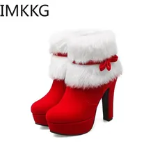 Größe 43 lolita Frauen Stiefeletten Weihnachten High Heels Plattform Schuhe Femme Winter Warme Fell Kurze Stiefel Rot Schwarz Party schuhe