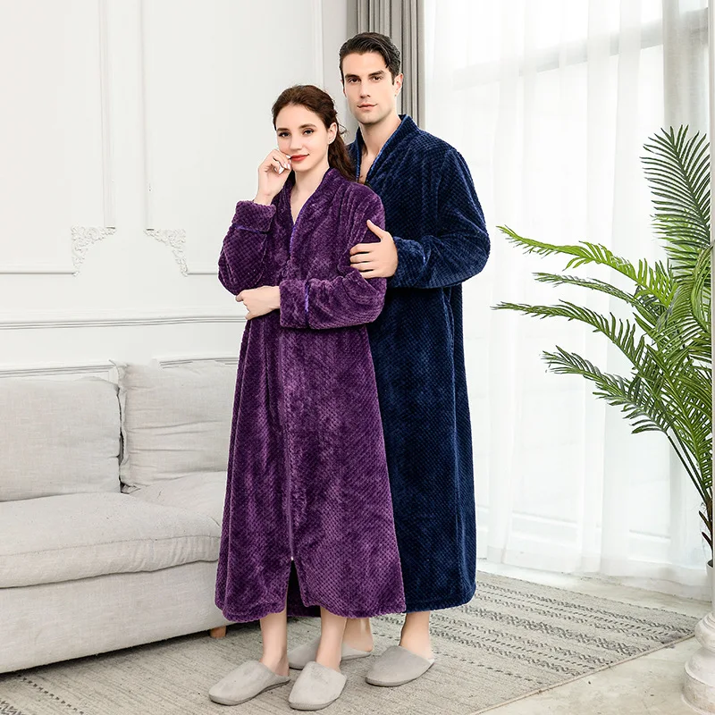 Zipper Velvet Bathrobe Autumn&winter Men Women Thickening Pajamas Flannel Home Service