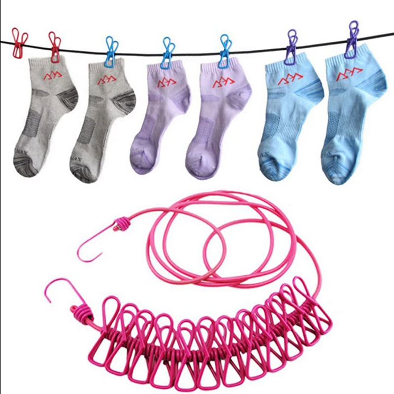 

Elastic Washing Line With 12 Clips Travel Portable Retractable Clothesline Home Socks Underwear Clothes Hanger