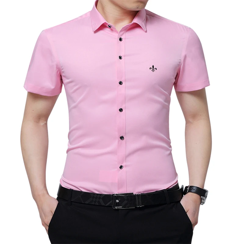 Против морщин и нежелезной вышивки мода Blusa Camisa Social Masculina Dudalina короткий рукав Slim Fit рубашка мужская одежда с цветочным рисунком - Цвет: DCZ2701-PINK