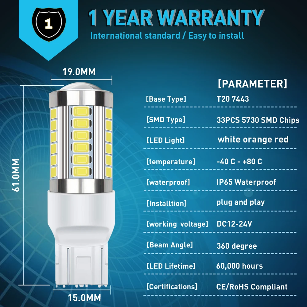 2x T20 LED W21/5W 7443 SRCK P21W BAY15D BA15S 7440NA ڵ 3457A  P21/5W 1156 3157   극ũ   õ