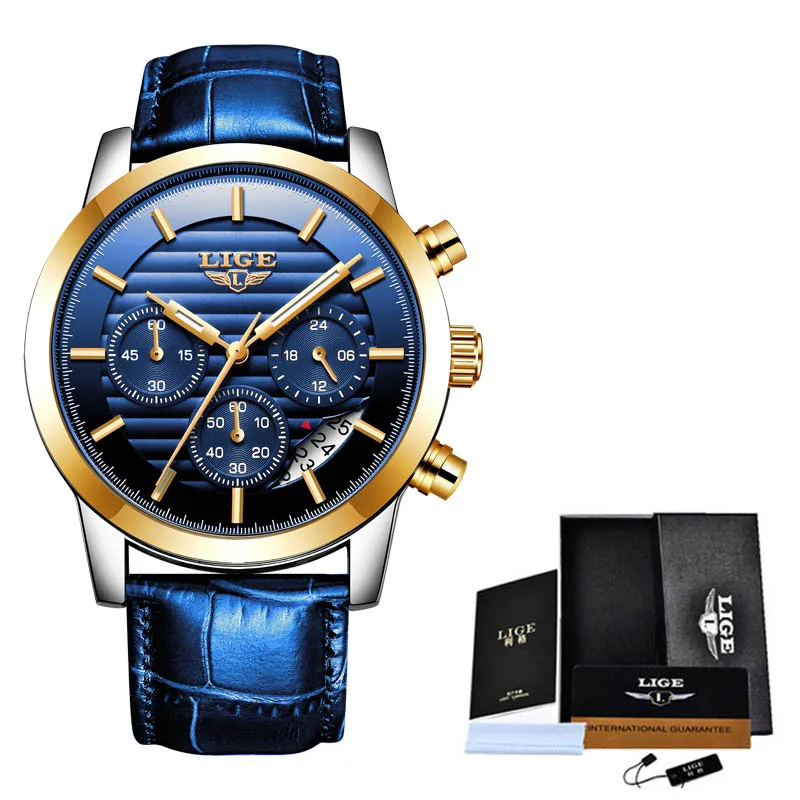 Gold blue LIGE новые часы мужские модные спортивные кварцевые часы мужские s часы брендовые роскошные кожаные бизнес водонепроницаемые часы Relogio Masculino - Цвет: Gold blue