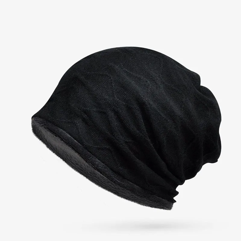 Мужская Зимняя Вязаная Шерстяная Шапка-бини Skullies, шапка для женщин, теплые вязаные шапочки, бархатные шапки - Цвет: Черный