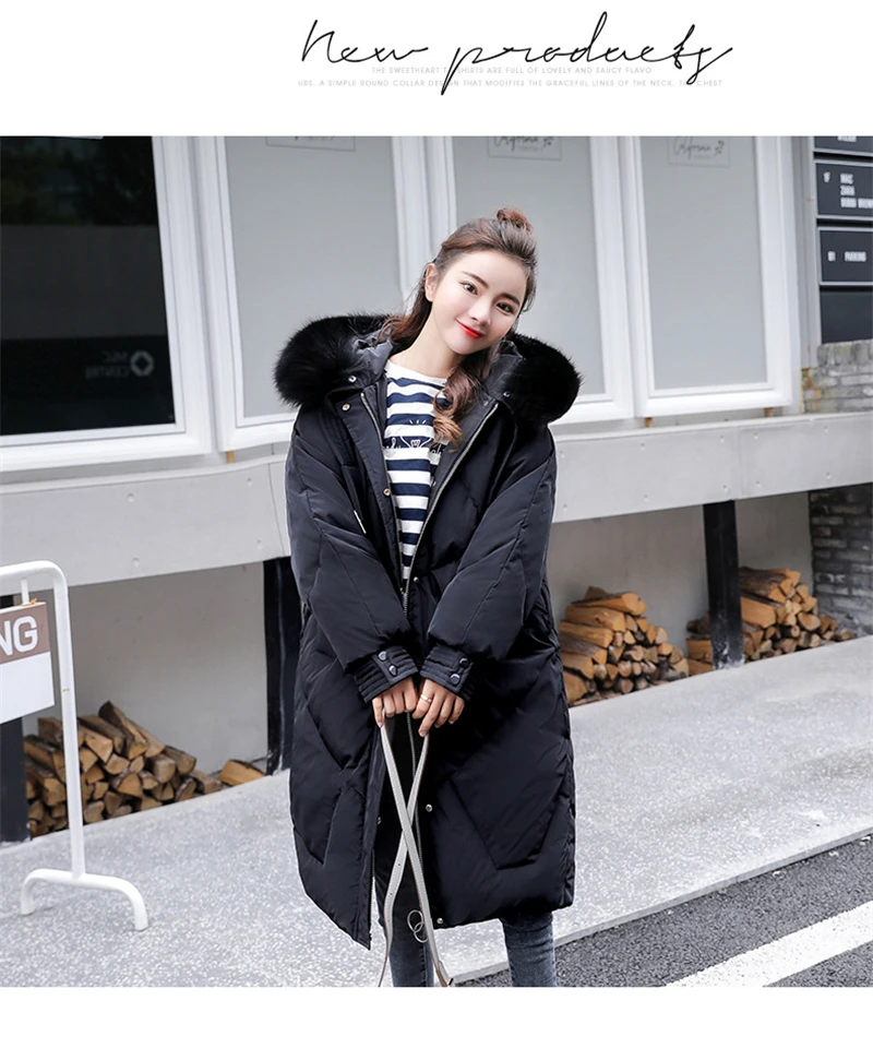 Теплый плотный женский зимний пуховик с капюшоном и меховым воротником, Женская Повседневная Длинная парка, верхняя одежда, корейское офисное Женское пальто K154