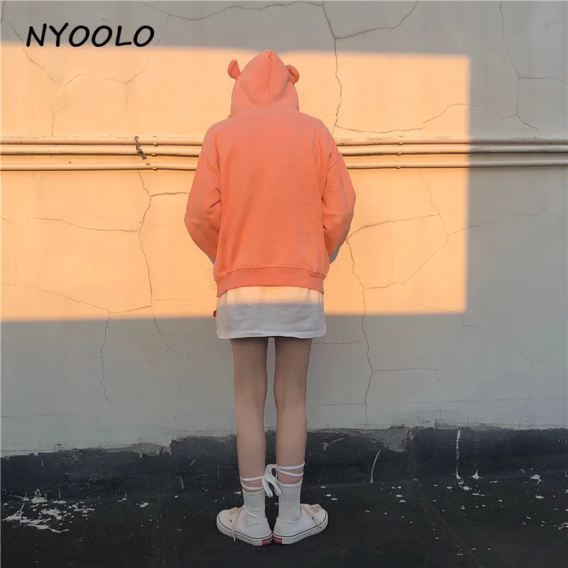 NYOOLO Harajuku стиль милые медвежьи уши свободные толстые теплые толстовки для девочек осень зима длинный рукав с капюшоном Пуловеры Толстовка для женщин