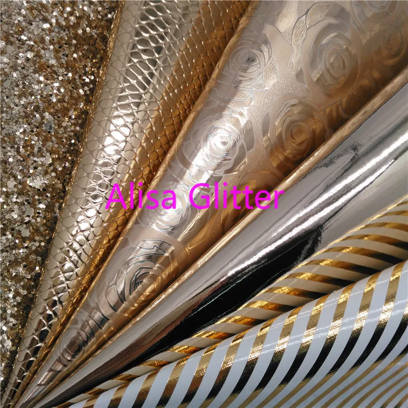 

1PCS A4 SIZE 21X29cm Alisa Glitter Rose Gold Glitter Fabric, Rose Stripes Snake Mirror Faux Leather Fabric for Bow DIY C41D