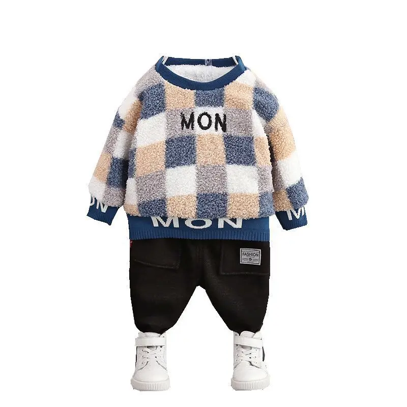 

Autumn Winter New Children's Plush Warm Suit Fashion Baby Boys Girls Lattice T Shirt Pants 2Pcs/sets Toddler Thicken Tracksuit