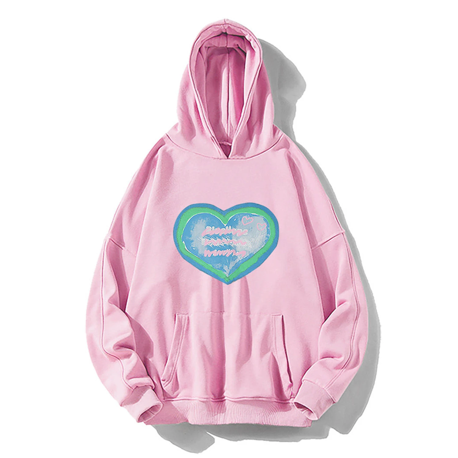 

2022 Spring Streetwear Heart-shaped Print Women Long Hoodies Plus Size Loose Full Sleeve Sweatshirt Pink Female Tops Hoodies