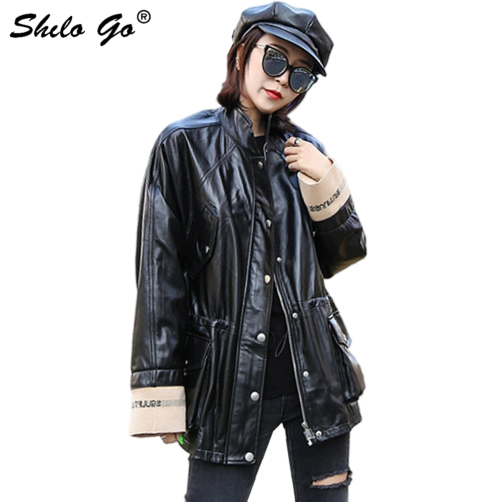 

Genuine Leather Jacket Mock Neck Drop Shoulder Button Front Coat Women Autumn Casual Knitted Cuff Detail Plus Size Outwear Tops