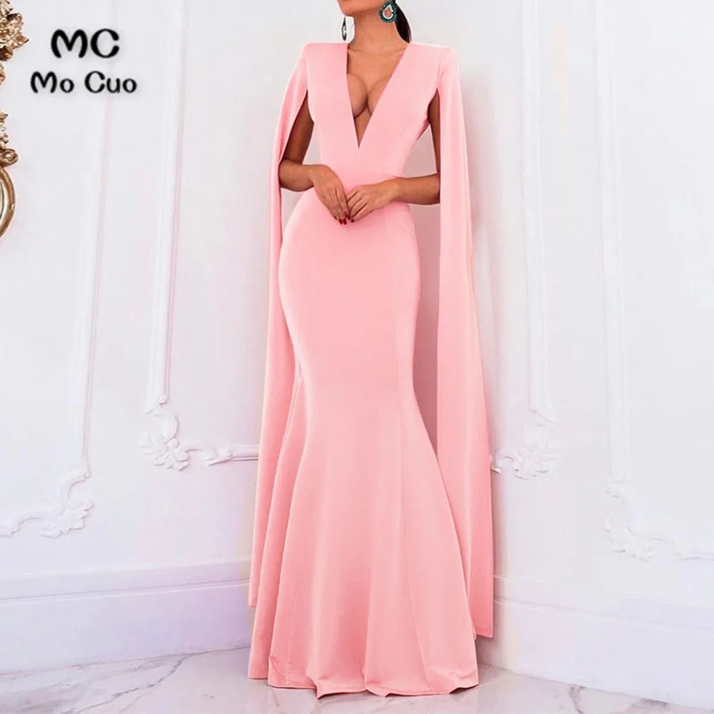 Pink V Neck Long Sleeves Long Prom Dresses,Elegant Mermaid Floor Length Party (4)