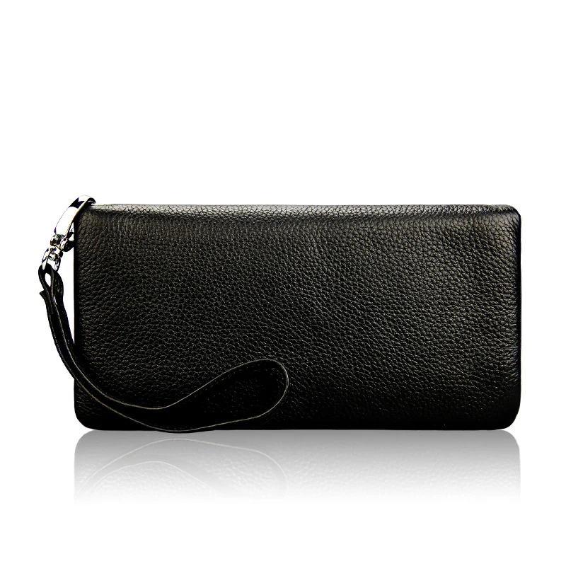 BONAMIE New Long Genuine Leather Wallet Women Zipper Purse Fashion Purse Card Holder Wallet Female High Quality Clutch Money Bag - Цвет: Black