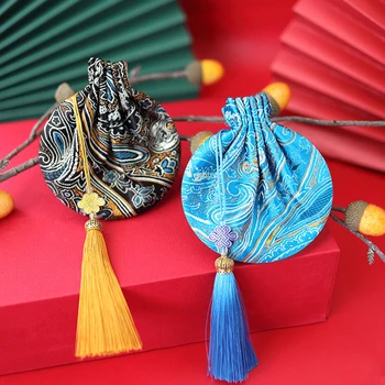 

Handmade Classical Chinese Style Jewelry Storage Bag Tassel Pendant Vintage Flower Pattern Brocade Sachet Drawstring Bag Gift