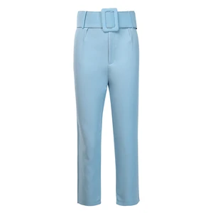 Image 5 - InstaHot/Повседневные узкие брюки с высокой талией, женские офисные брюки до щиколотки, синие брюки на молнии, прямые брюки с поясом