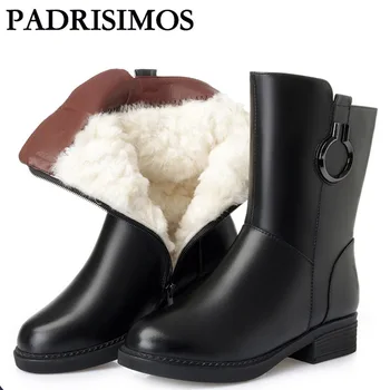

PADRISIMOS Winter Wool Short Boots Women's Leather Cotton Boots Thick Heel Full Leather Short Tube Ankle Boots ZLT-DZ-3376