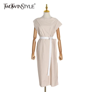 

TWOTWINSTYLE Casual Dress For Women Slash Neck Sleeveless High Waist With Sashes Female Dresses 2020 Spring Fashion New Clothing