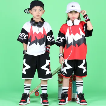 

Children'S Hip-Hop Suit Girls Street Wear Summer Short-Sleeved T-Shirt Shorts 2 Pieces Handsome Boys Jazz Dance Costumes DL5551